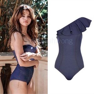 LISA MARIE FERNANDEZ Arden Flounce Denim One Shoulder One Piece Swimsuit in Blue